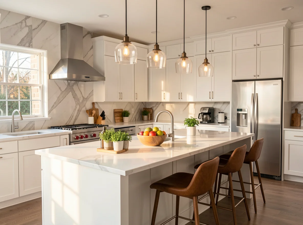 Staged kitchen with clean, bright finishes
