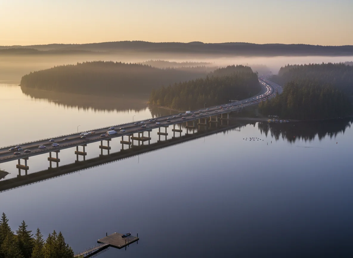 Morning traffic on SR-520 near Redmond with Lake Washington