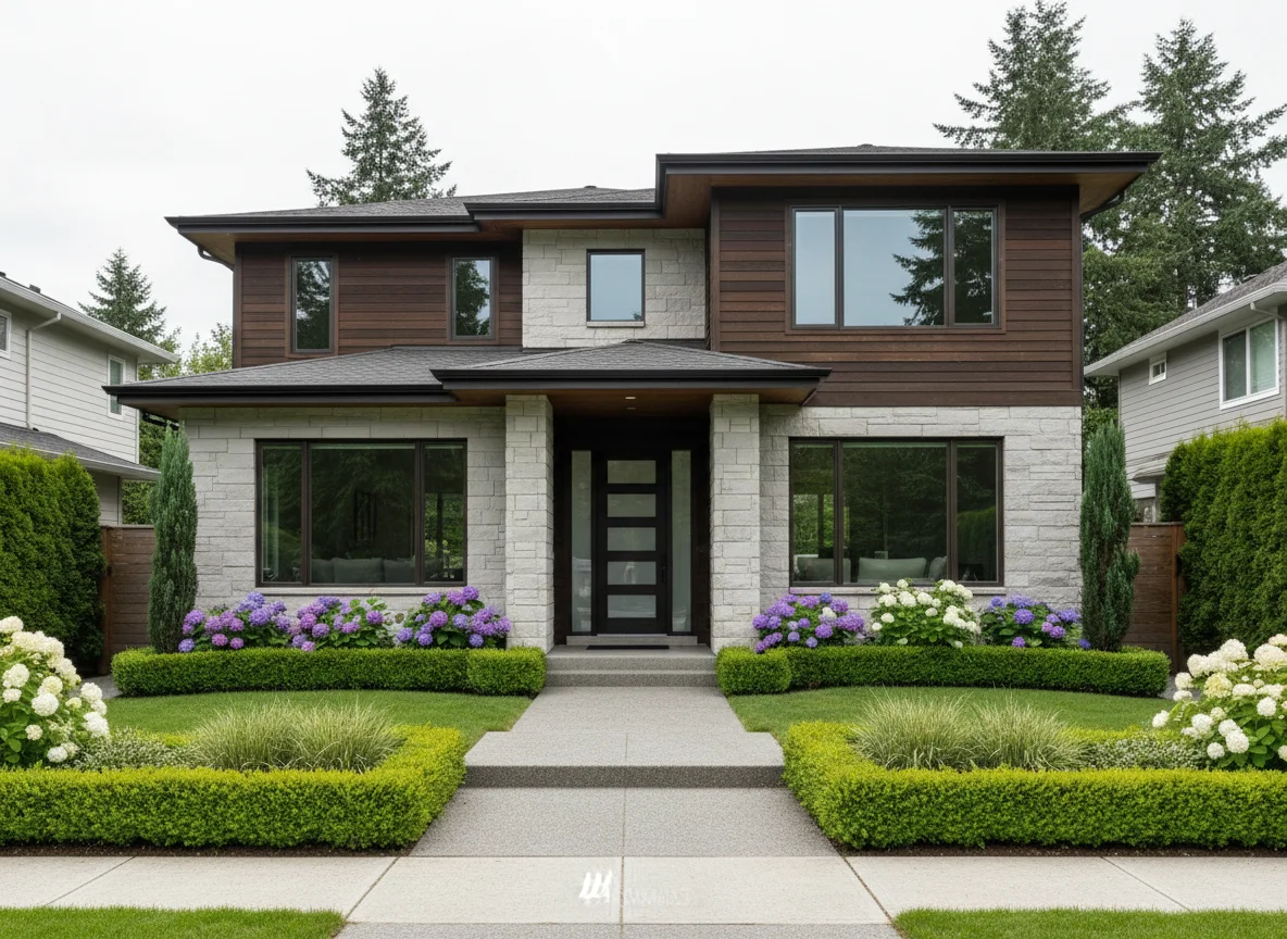 Bellevue home exterior with tidy landscaping and welcoming entry