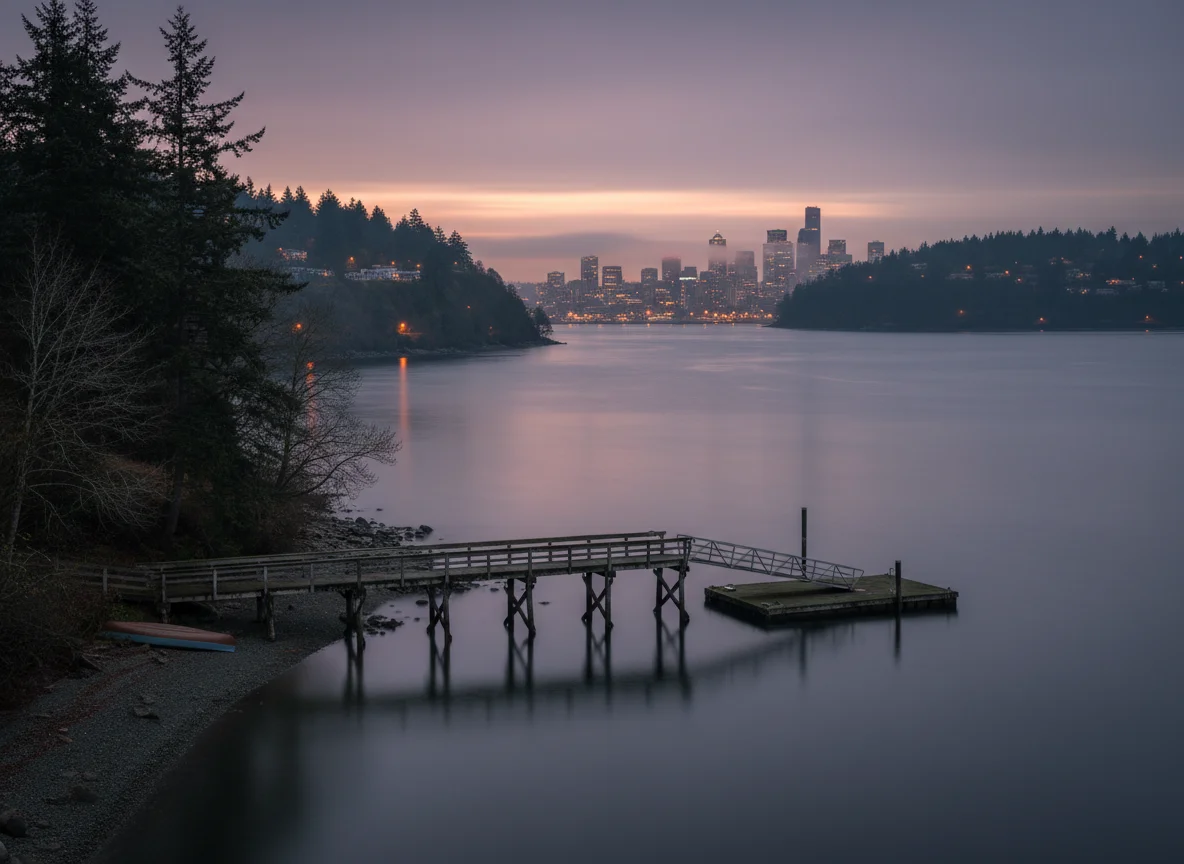 Evergreen shoreline with Seattle skyline at dusk