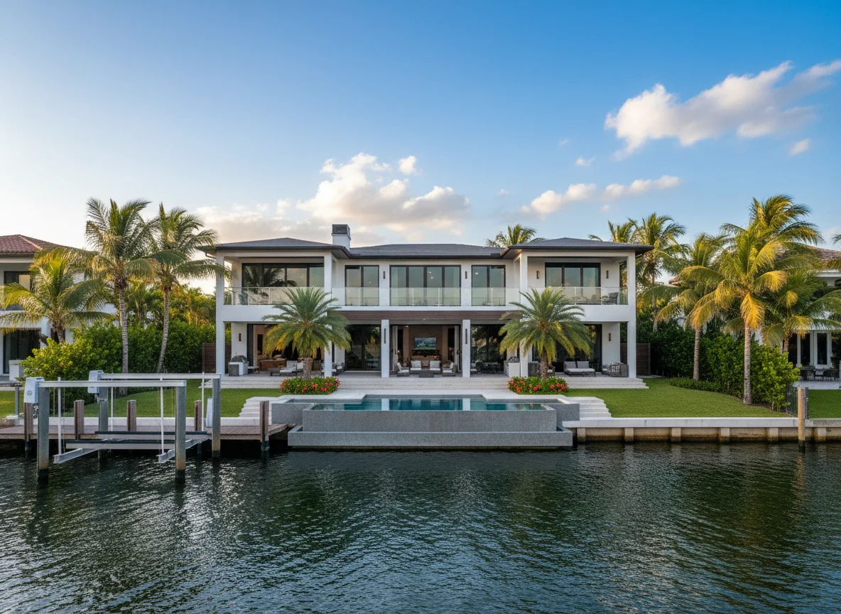 Waterfront home with pool and tropical landscaping
