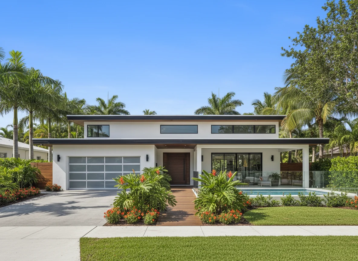 Modern home exterior with tropical landscaping in Fort Lauderdale