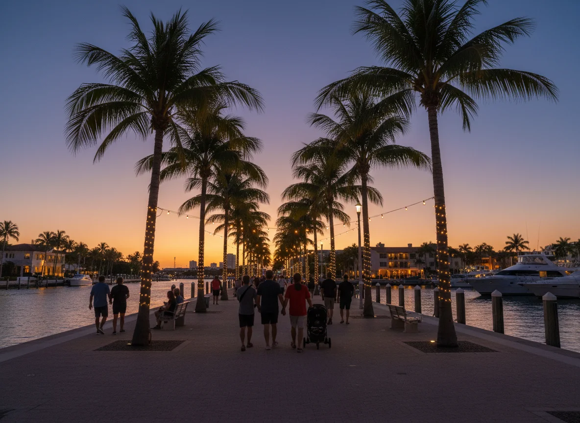 Waterfront promenade in Fort Lauderdale at dusk