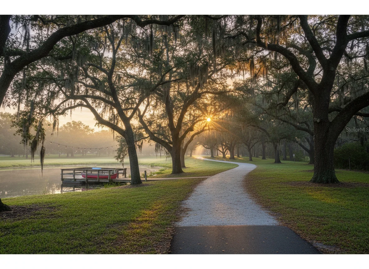 Oak-shaded park path in Davie, Florida