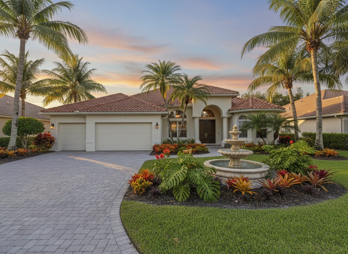 Single-family home exterior with tropical landscaping in Plantation