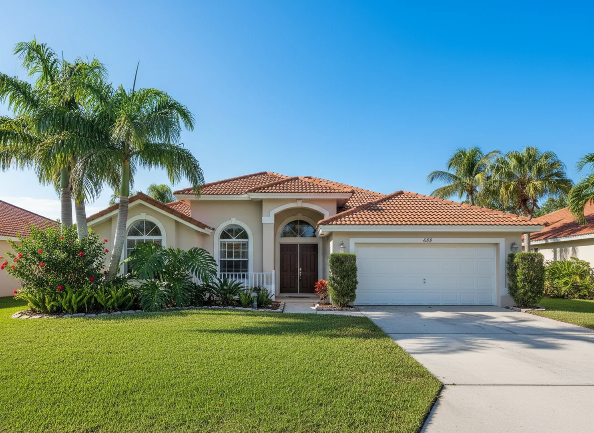Single-family home exterior with tropical landscaping in Pembroke Pines