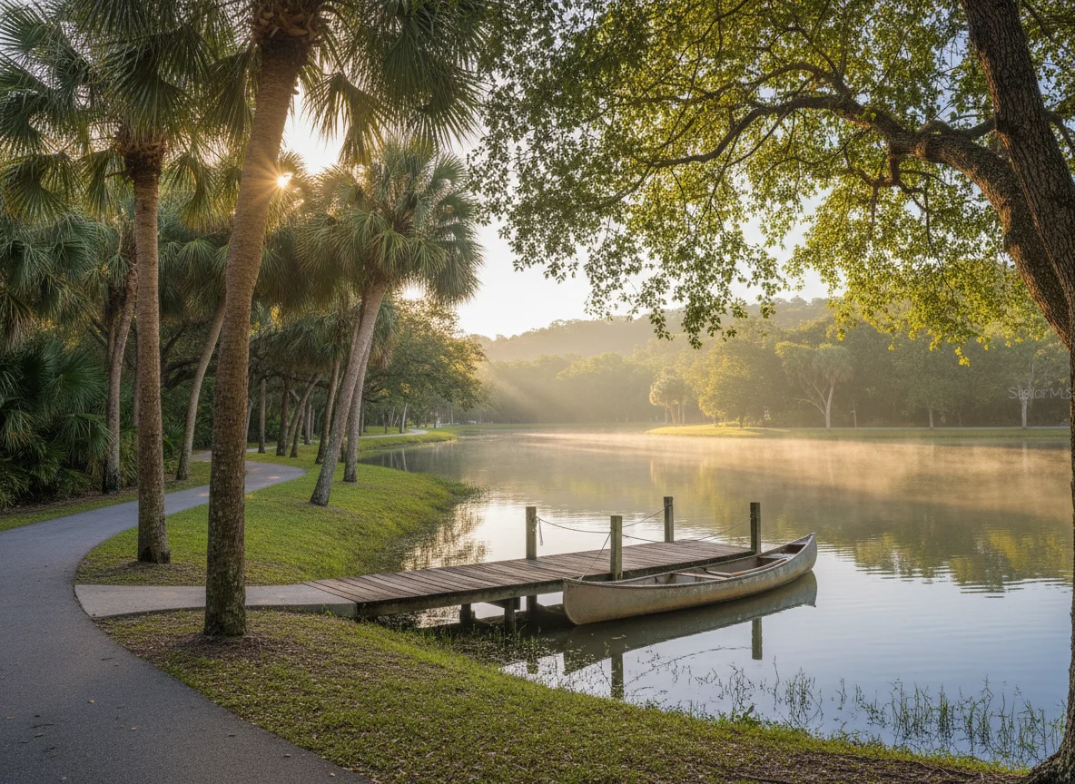 Palm-lined park lake and walking path in Plantation