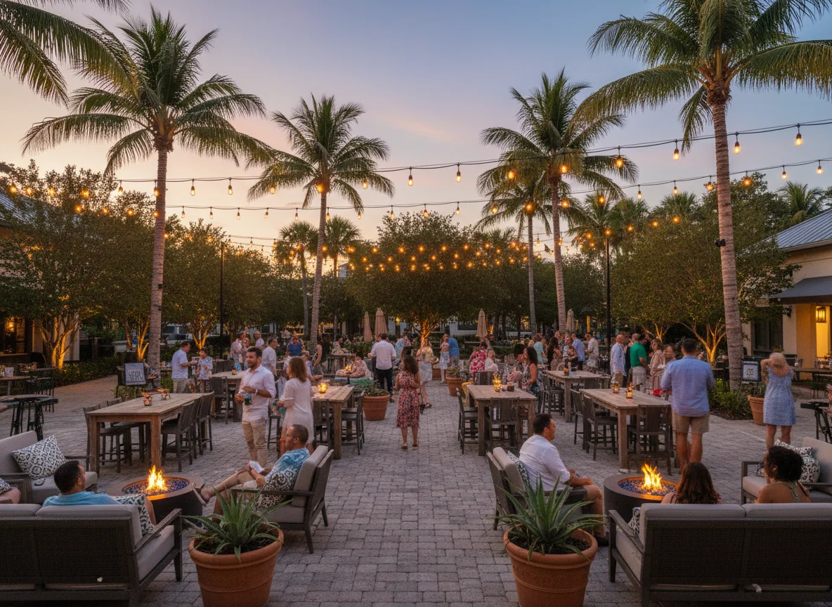 Evening community gathering in a palm-lined outdoor plaza in Plantation