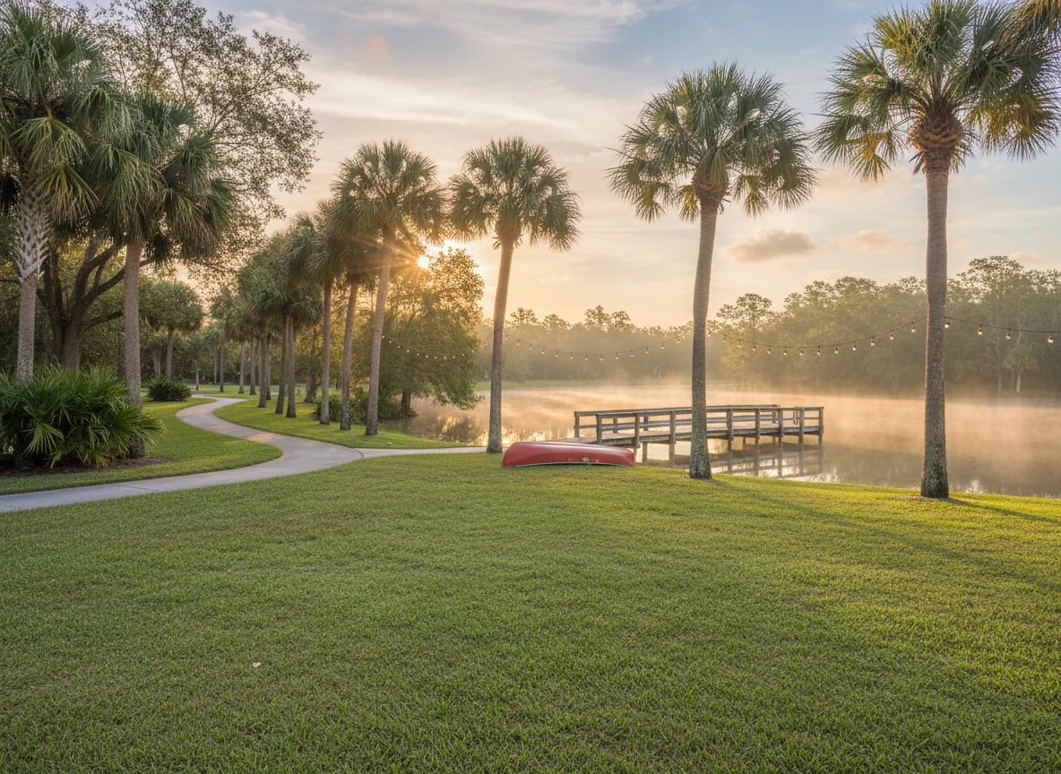 Lakefront park with palms and walking path in Pembroke Pines