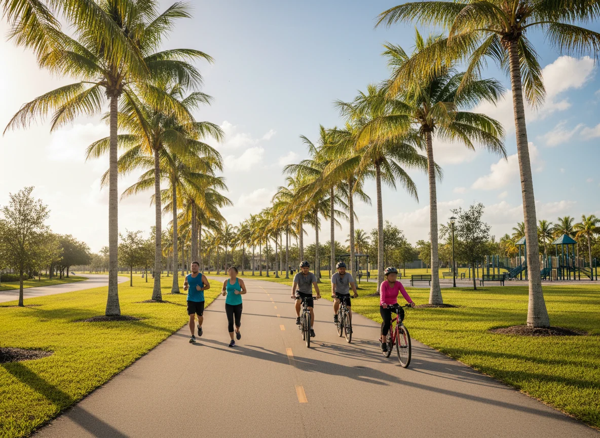 Joggers and cyclists on a palm-lined trail in Pembroke Pines