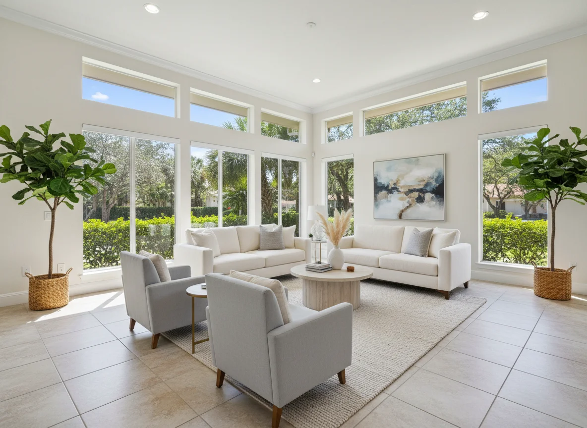 Bright staged living room interior in Davie, Florida
