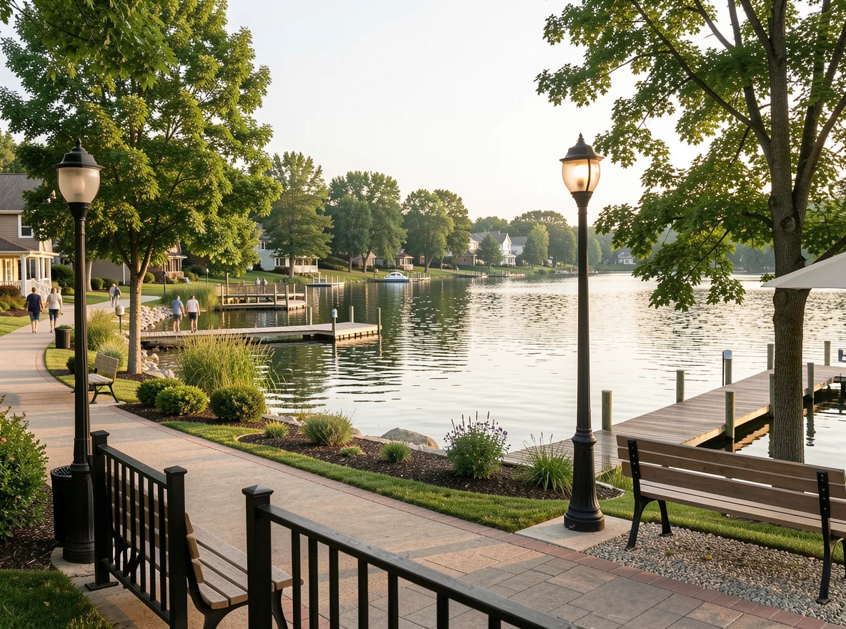 Peaceful lakeside shoreline in the Iowa Great Lakes area