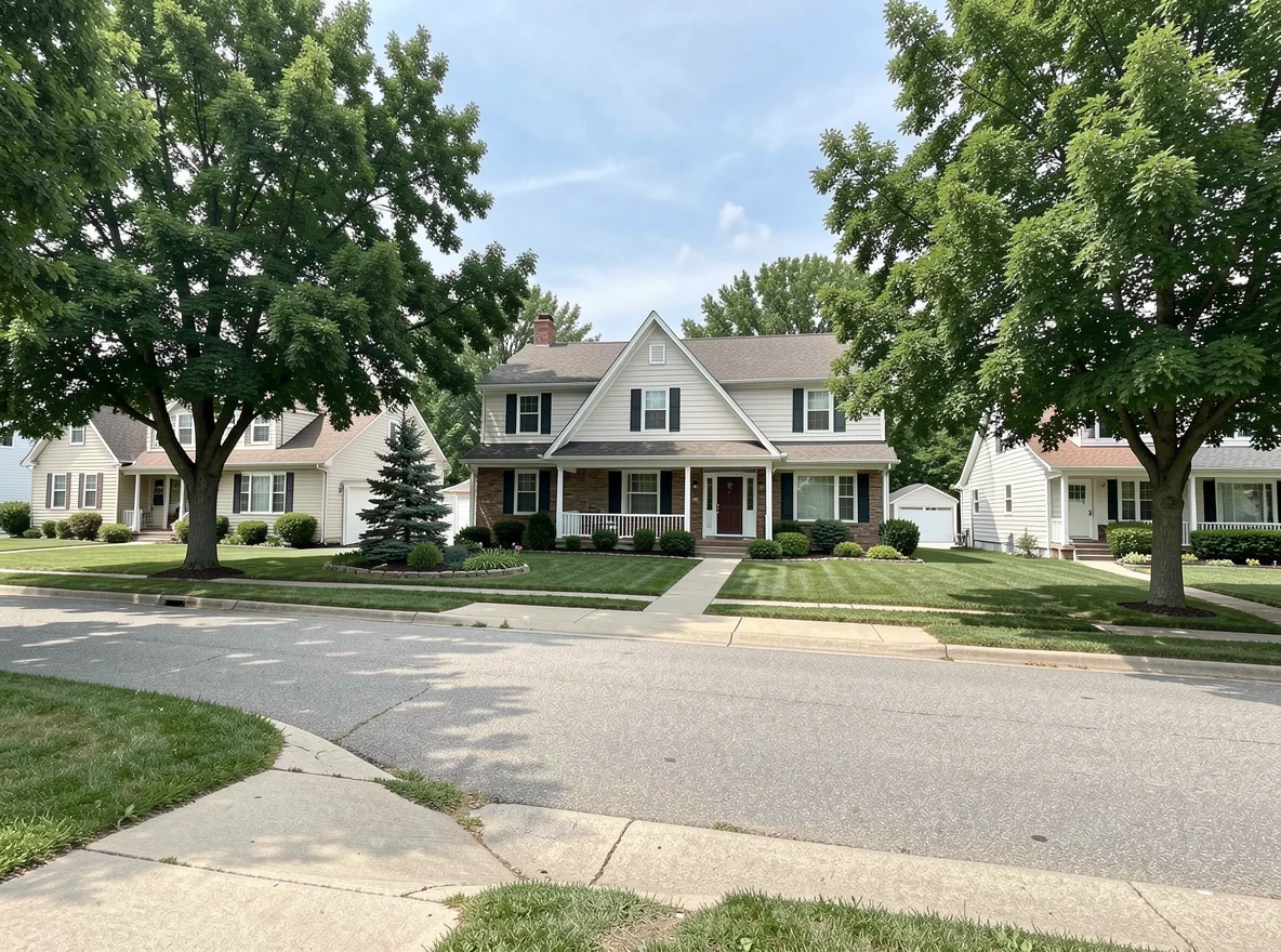 Quiet residential street scene in Everly, Iowa