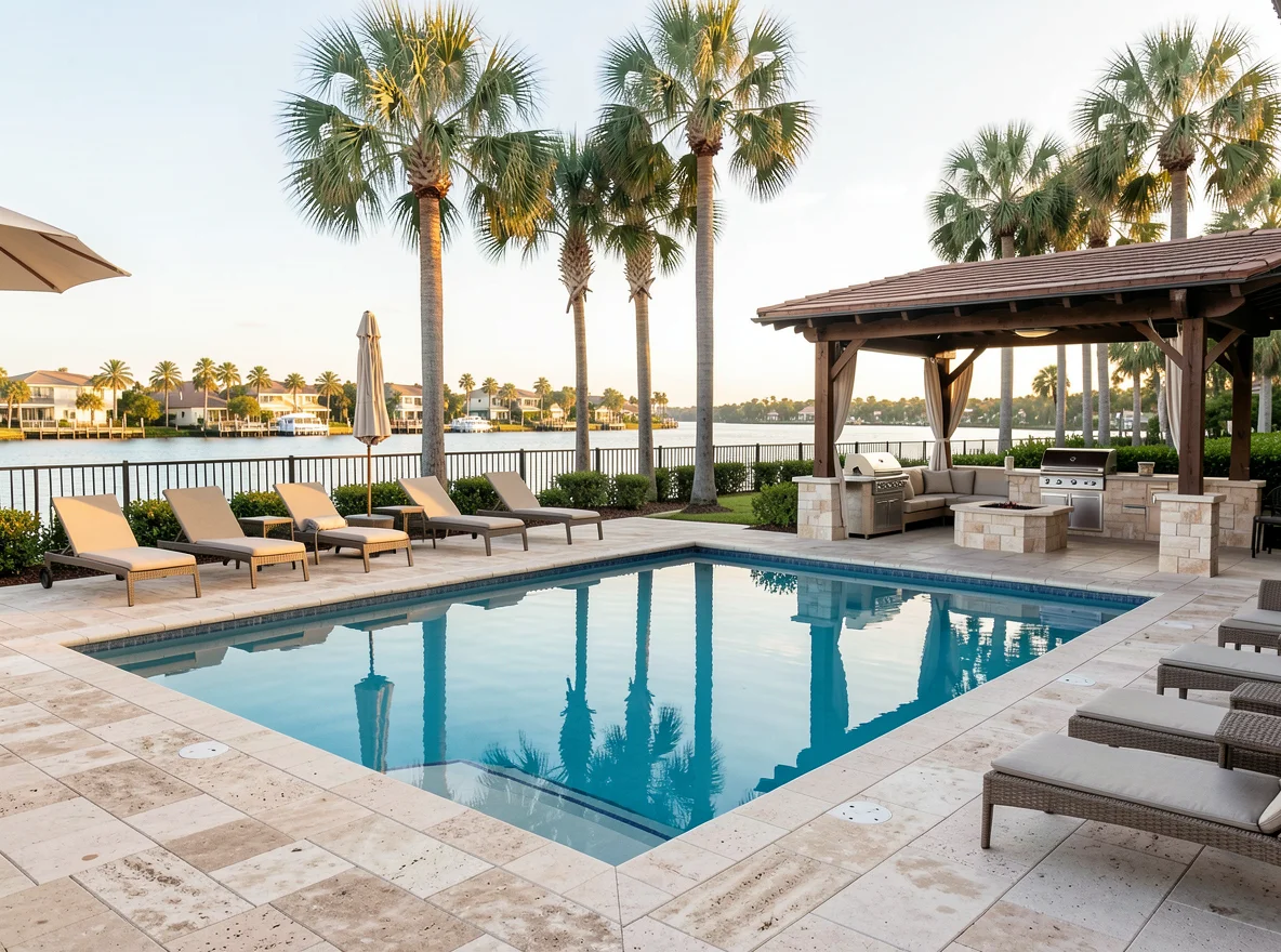 Pool patio at a South Florida waterfront home