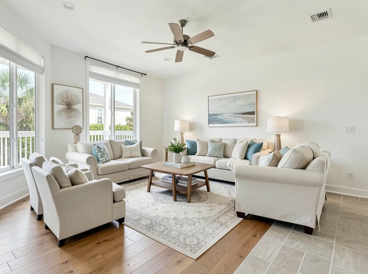 Staged coastal-style living room in Boynton Beach