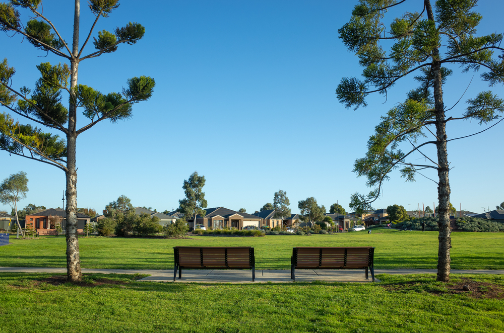 two bench chairs in a park