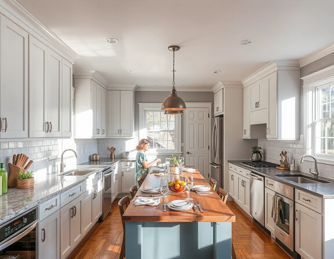 Bright kitchen with cabinetry, stone counters, and dining area