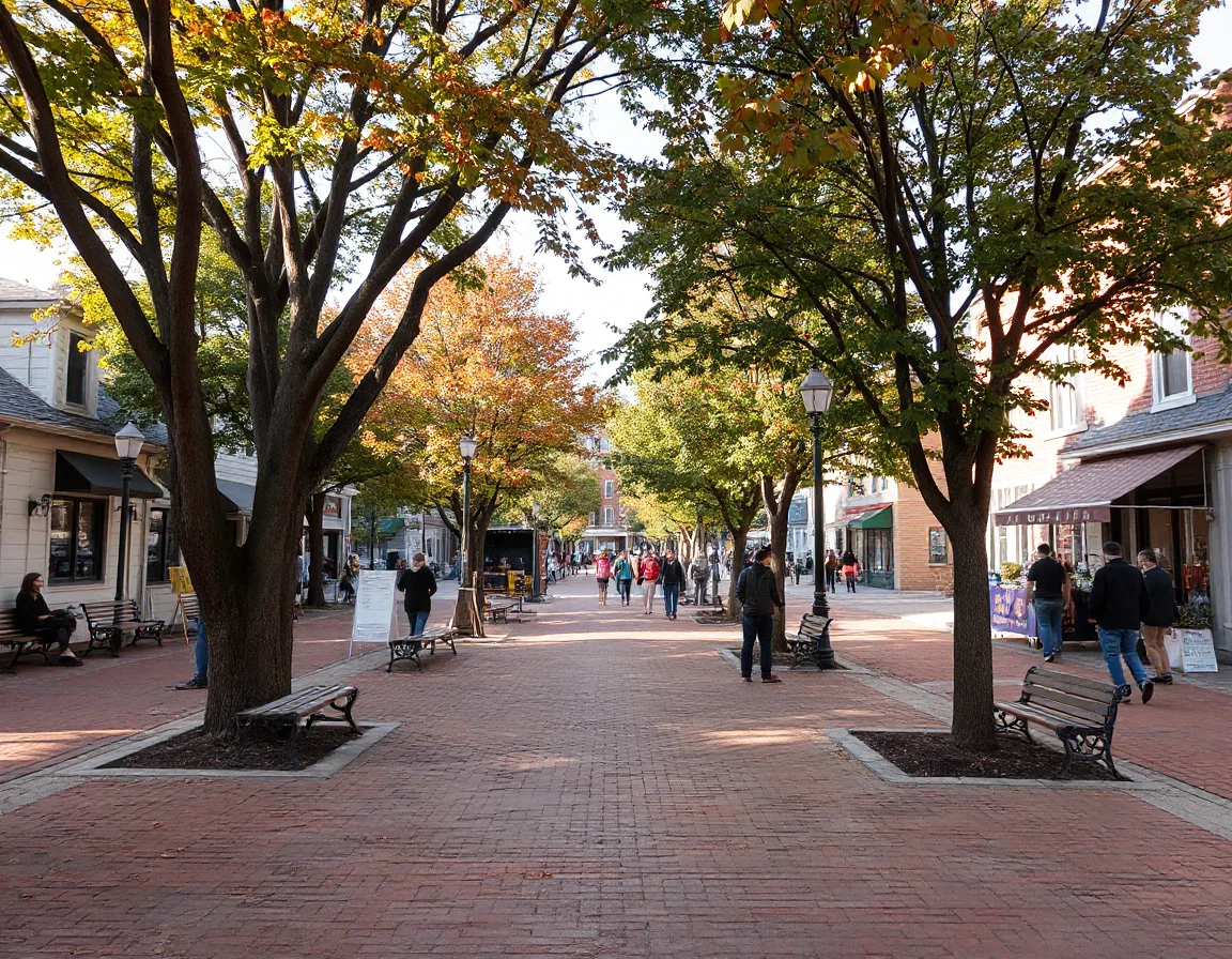Tree-lined village center near mixed-use buildings