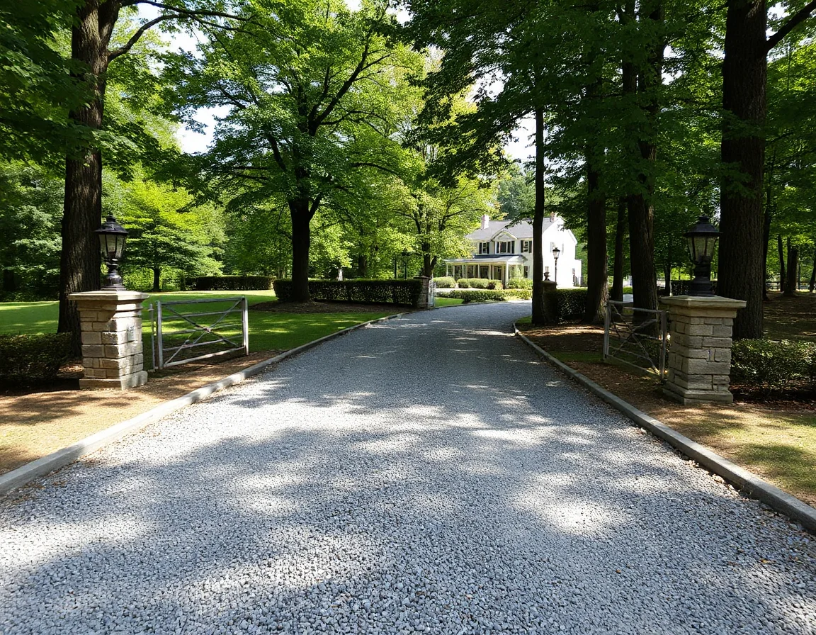 Gravel driveway and wooded homesite with boundary stakes
