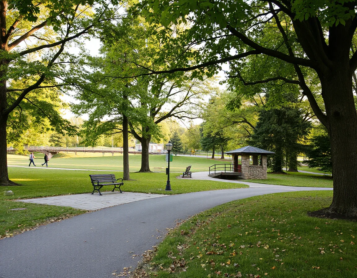 Public park with walking path and mature trees