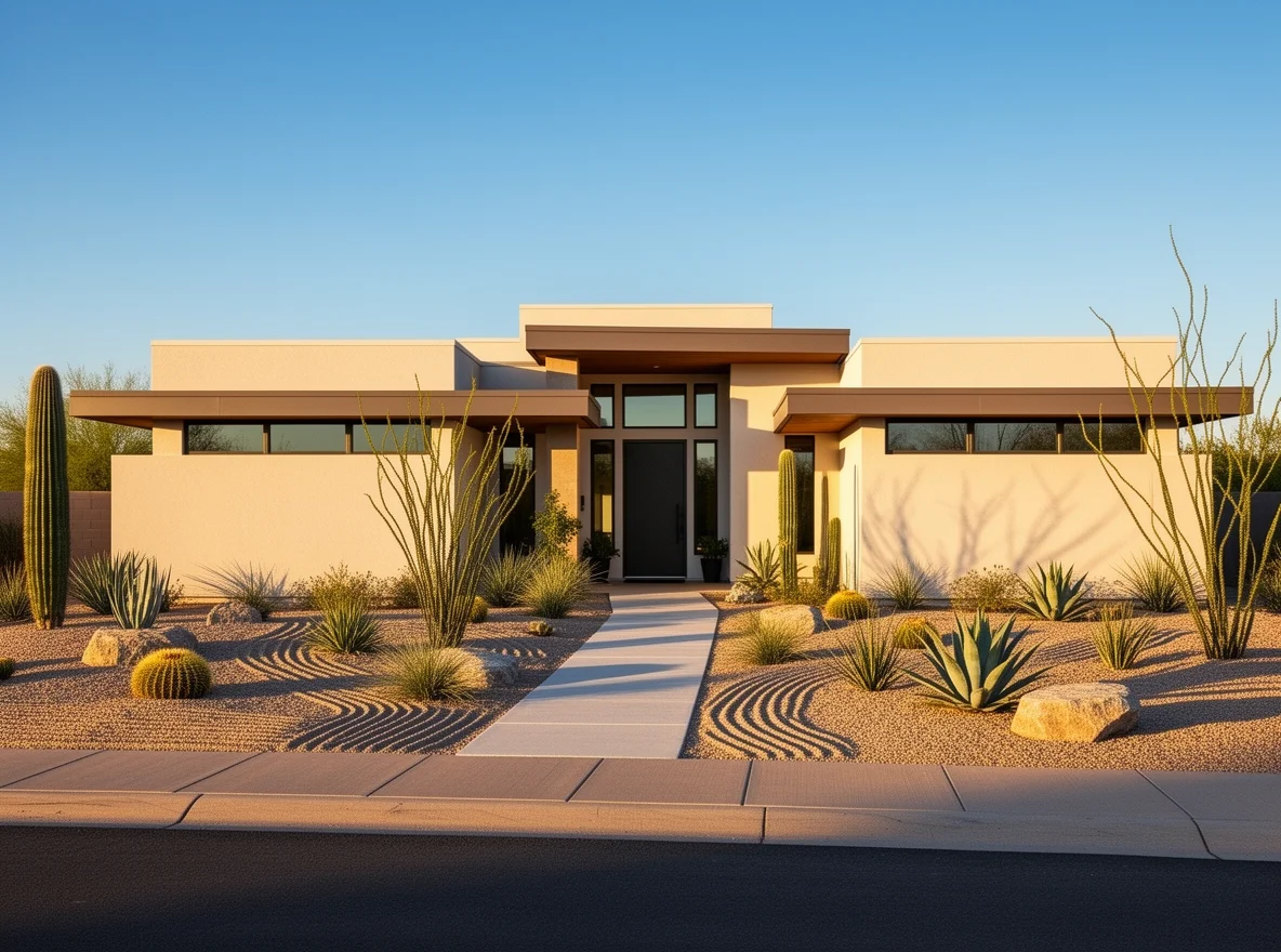 Modern Phoenix home designed for extreme heat with shaded windows and xeriscape yard
