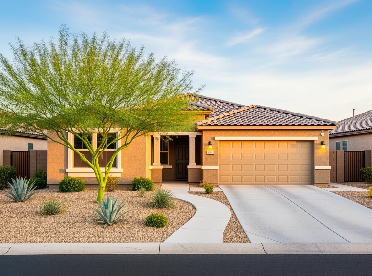 Phoenix stucco home with desert landscaping and shaded front yard