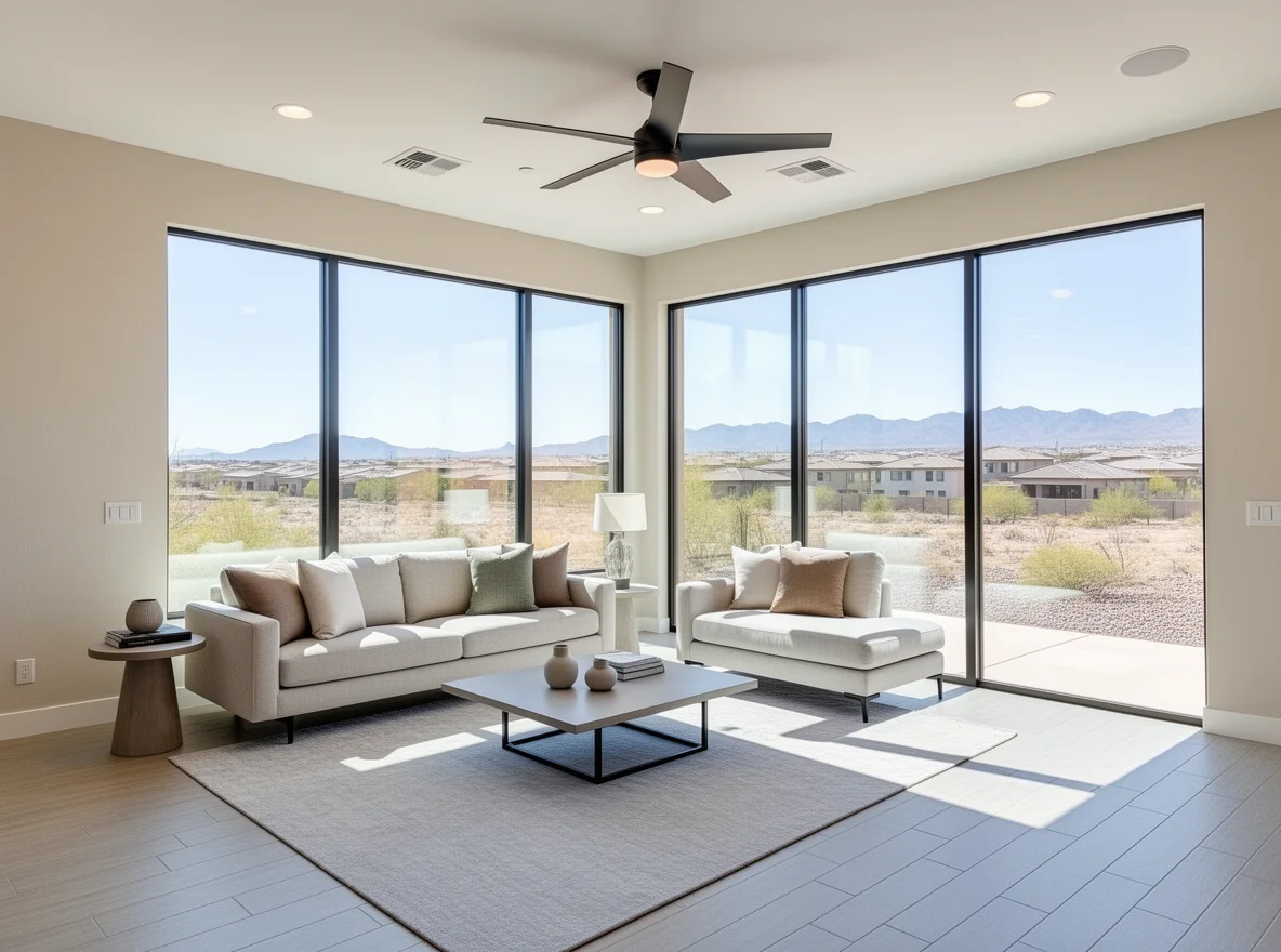 Bright staged living room with neutral decor and natural light