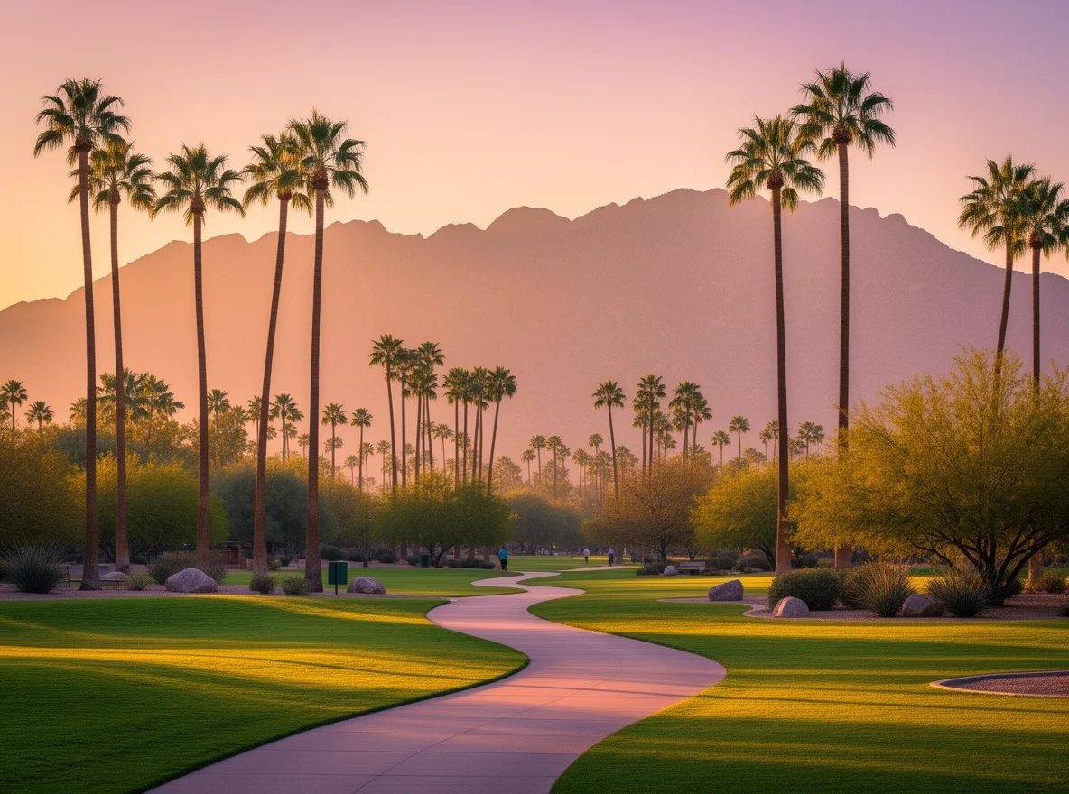 Palm-lined walking path with desert mountains in the distance