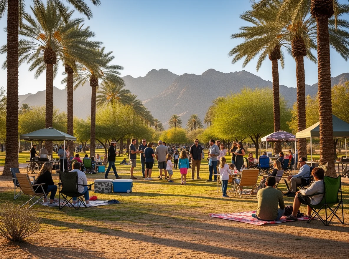 Shaded community park gathering space with desert scenery in Phoenix