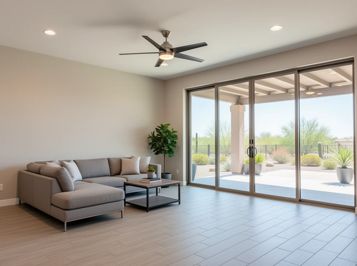 Bright open-concept living space with patio view
