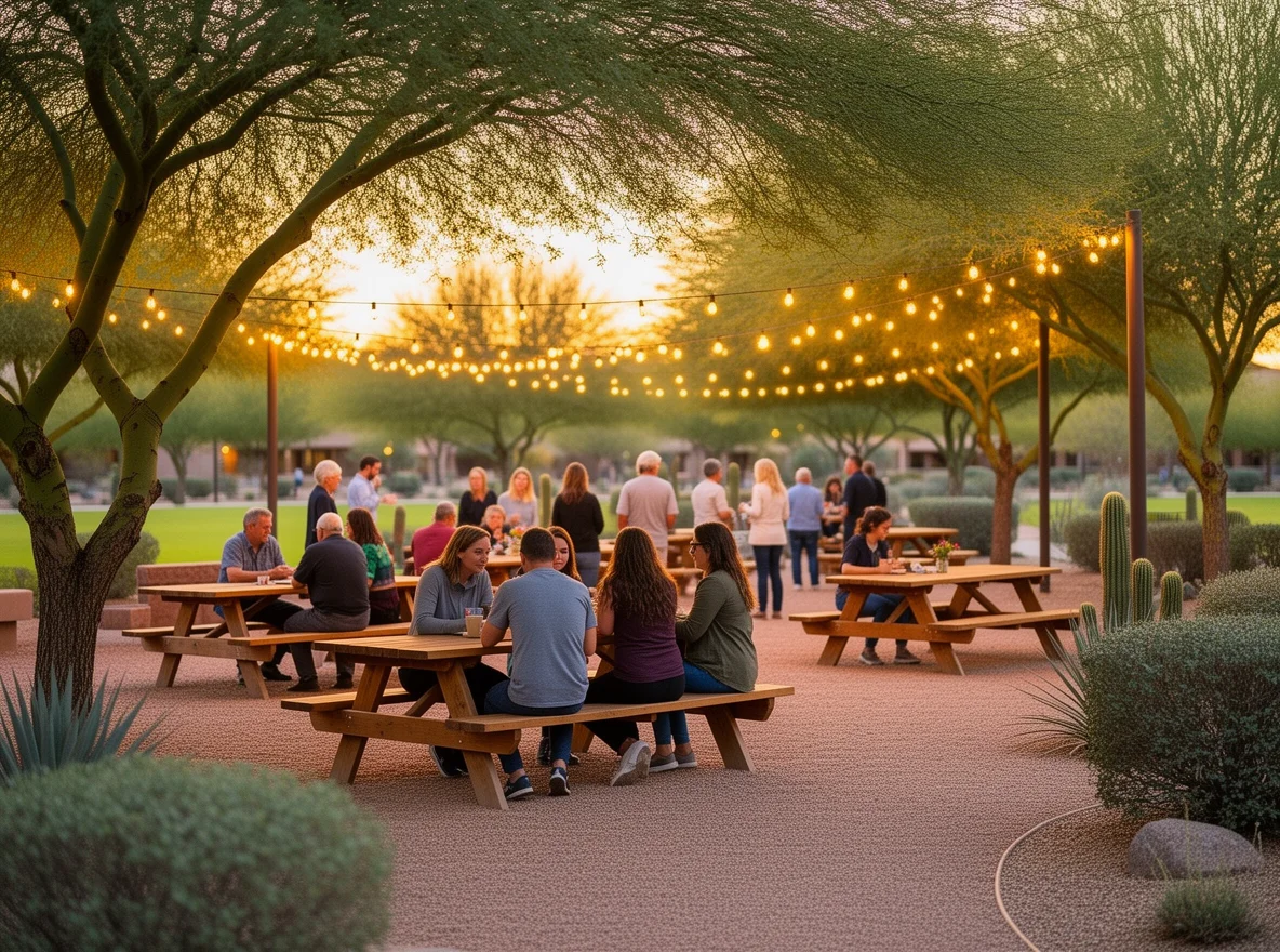 Evening community gathering in a shaded neighborhood park
