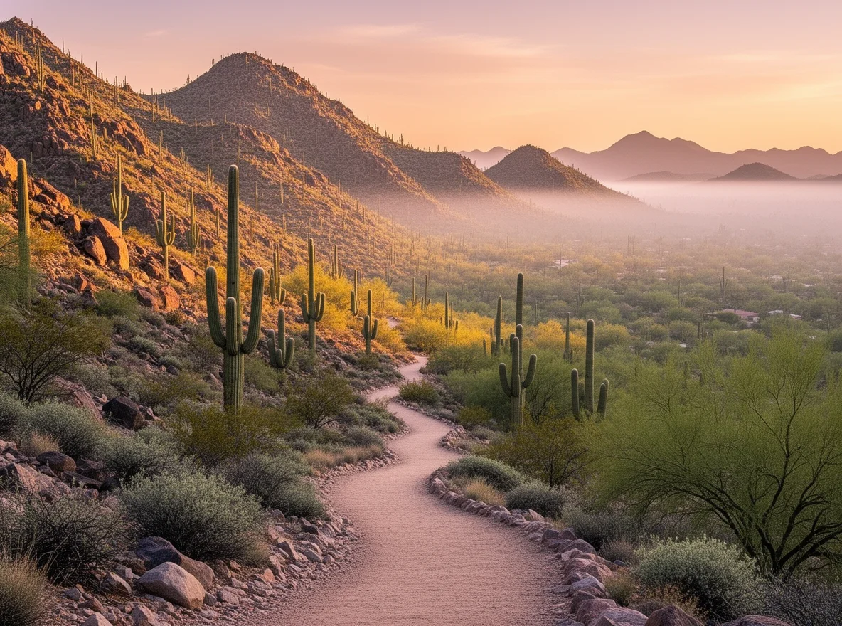 Desert mountain sunrise with saguaros in Phoenix