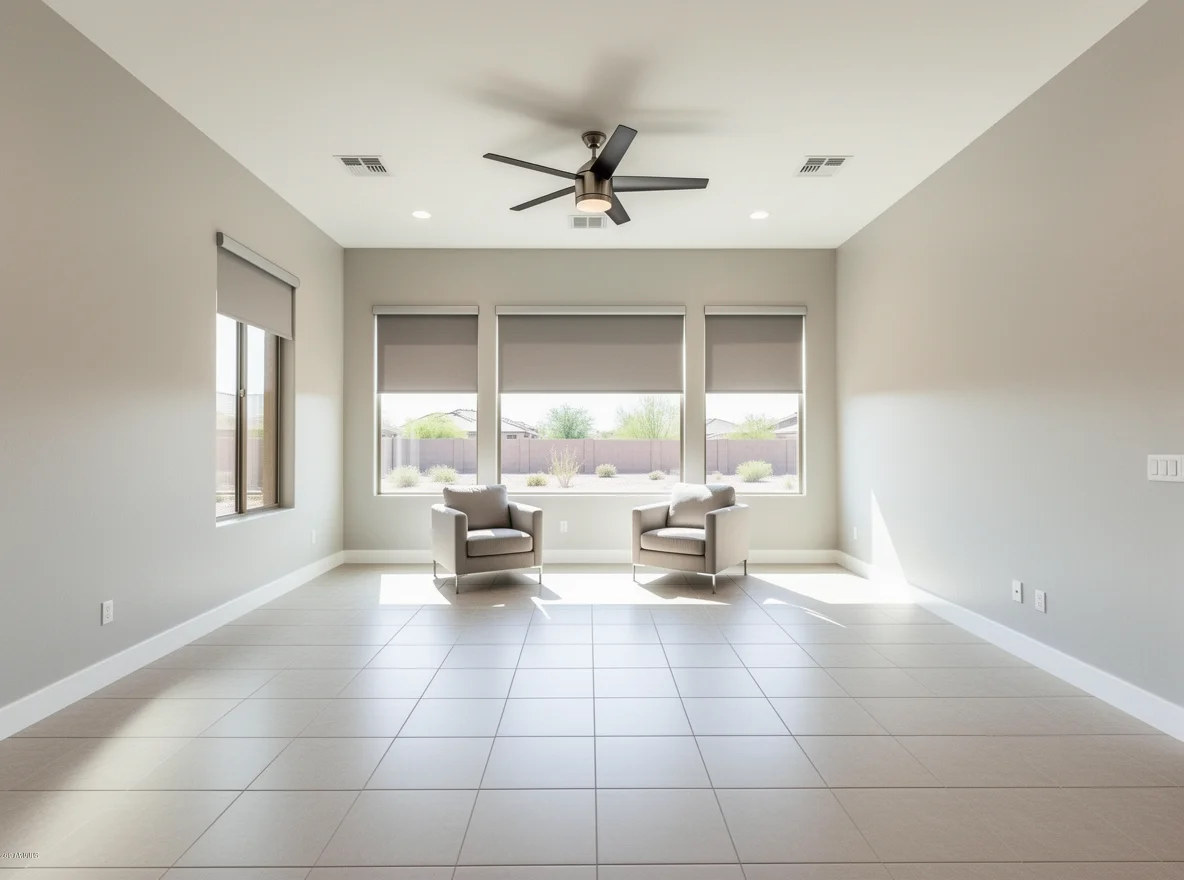 Phoenix home interior with heat-conscious finishes and ceiling fan