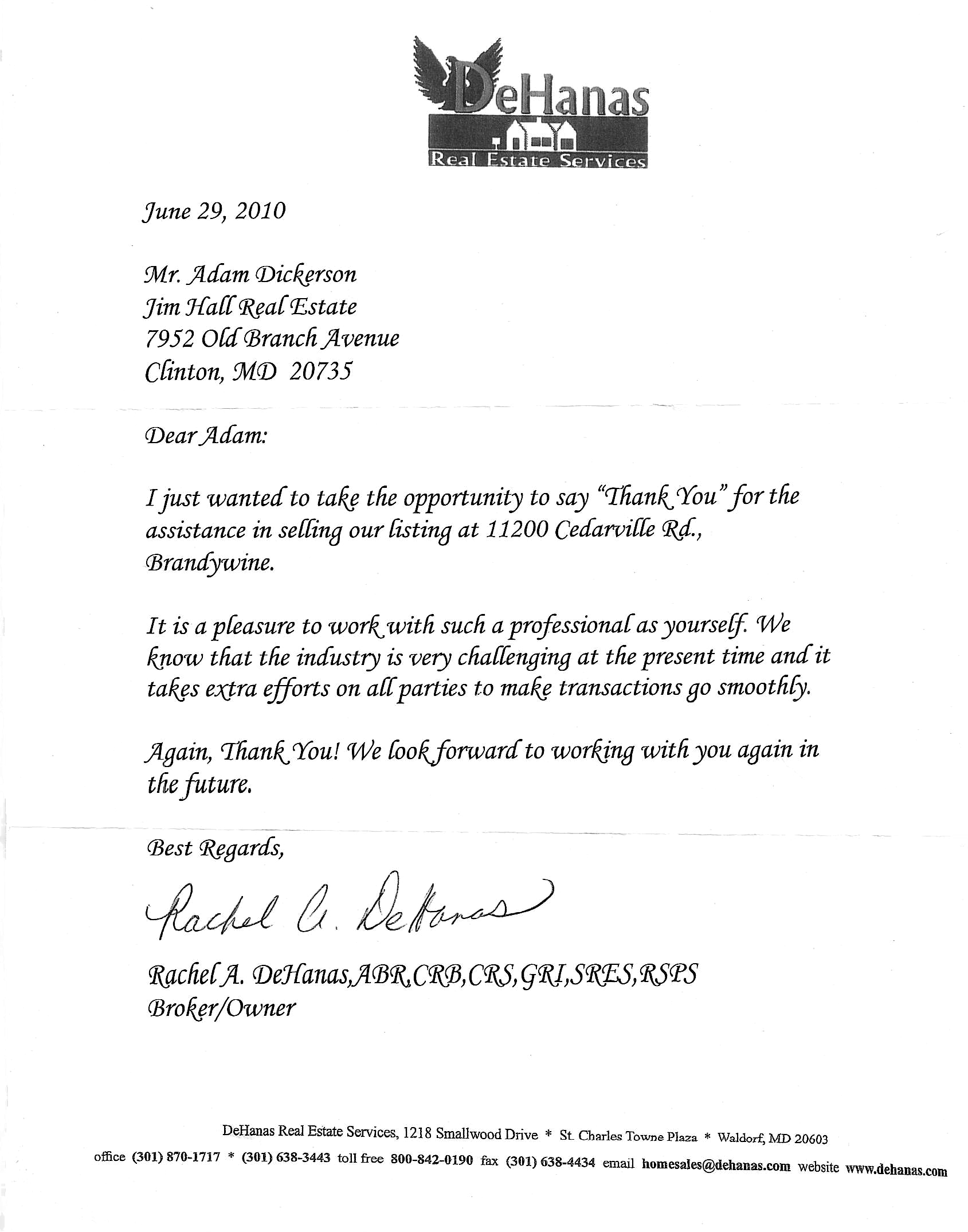 Thank you from Rachel DeHanas, Broker/Owner