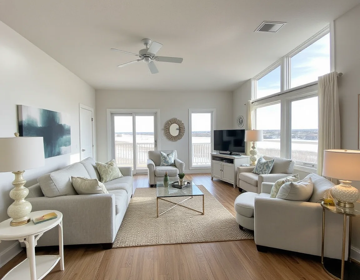 Bright coastal condo living room prepared for guests