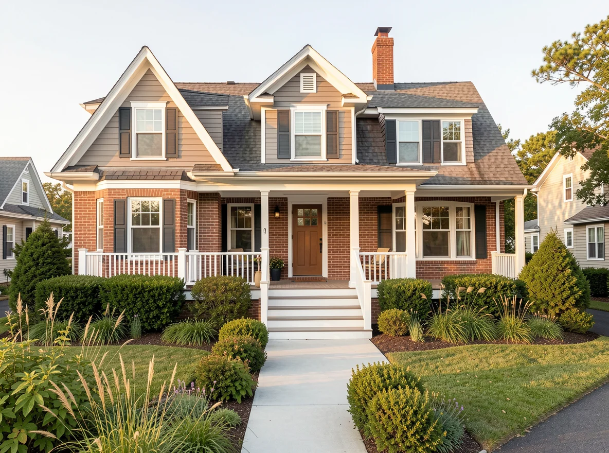 Coastal-style home with a tidy front porch and landscaped walkway