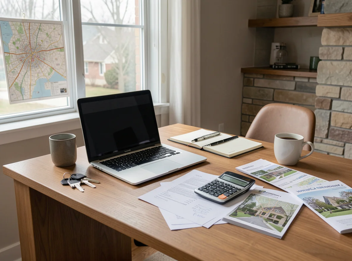 Calculator, keys, and paperwork on a real estate desk