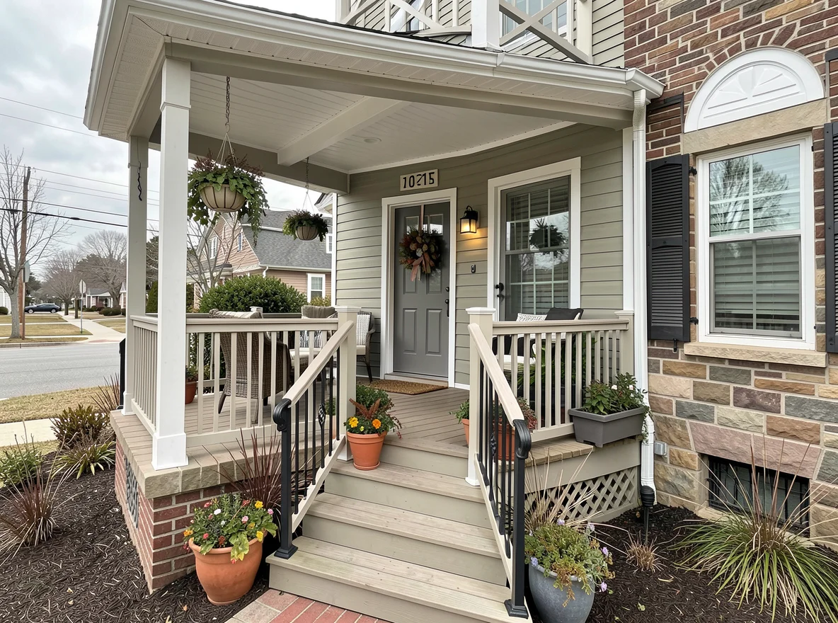 Maintained coastal porch with railings and outdoor seating