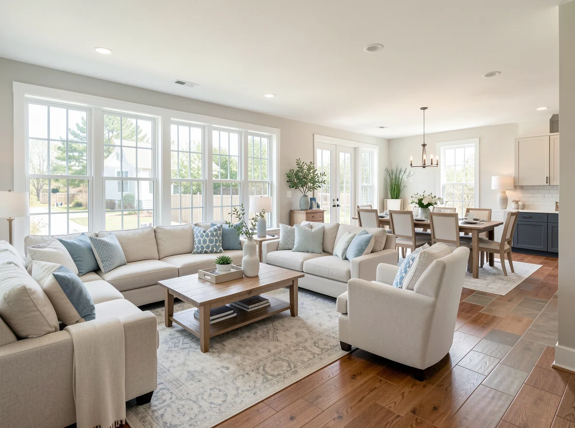 Light-filled staged living room in a coastal Delaware home