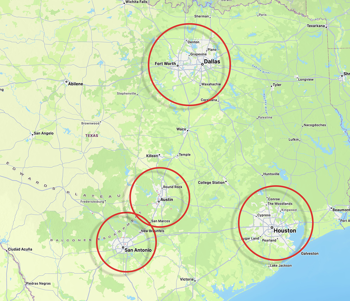 image of service area map for buyer representation in Austin San Antonio Houston and Dallas Fort Worth Texas
