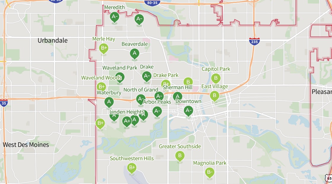 Map of the best places to buy a home in Des Moines Iowa
