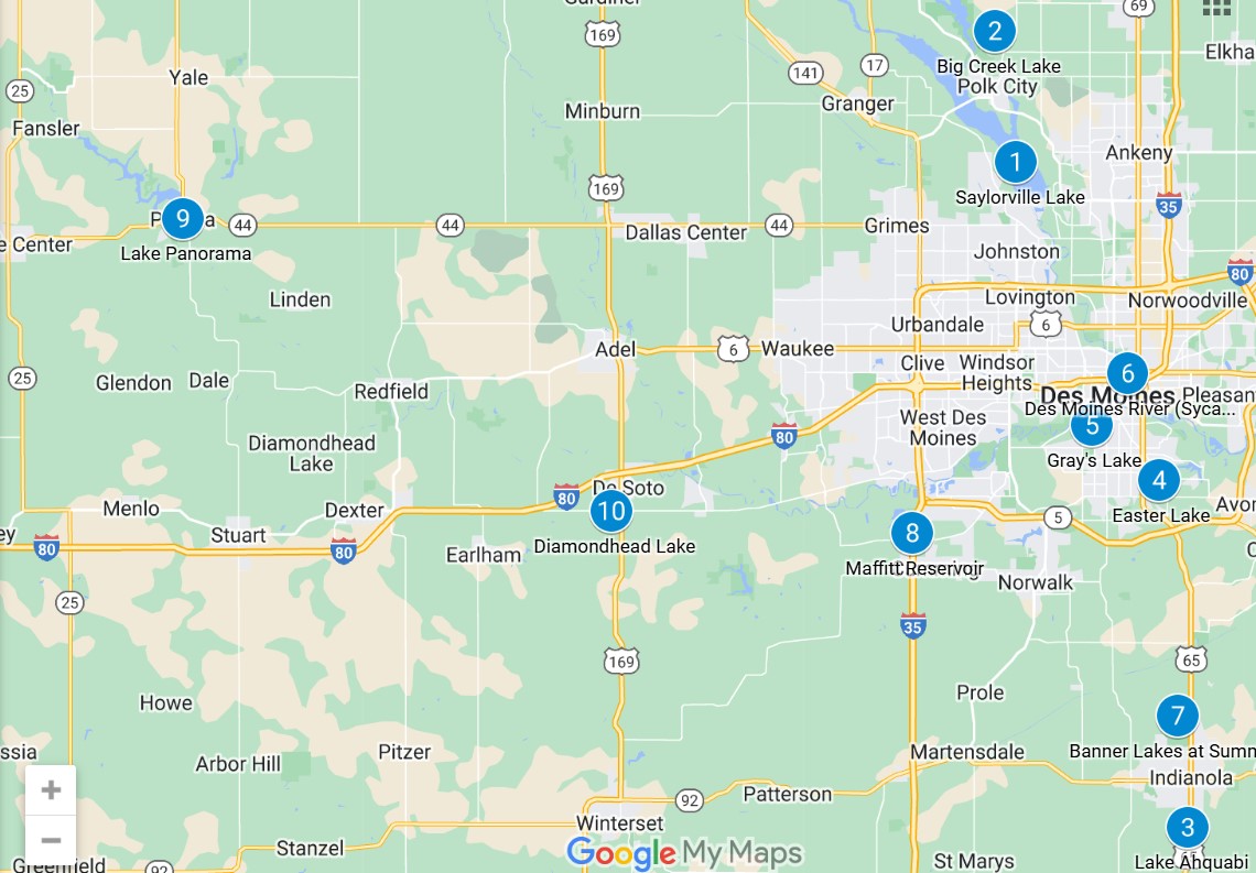 Map showing the top 10 places to fish in Central Iowa