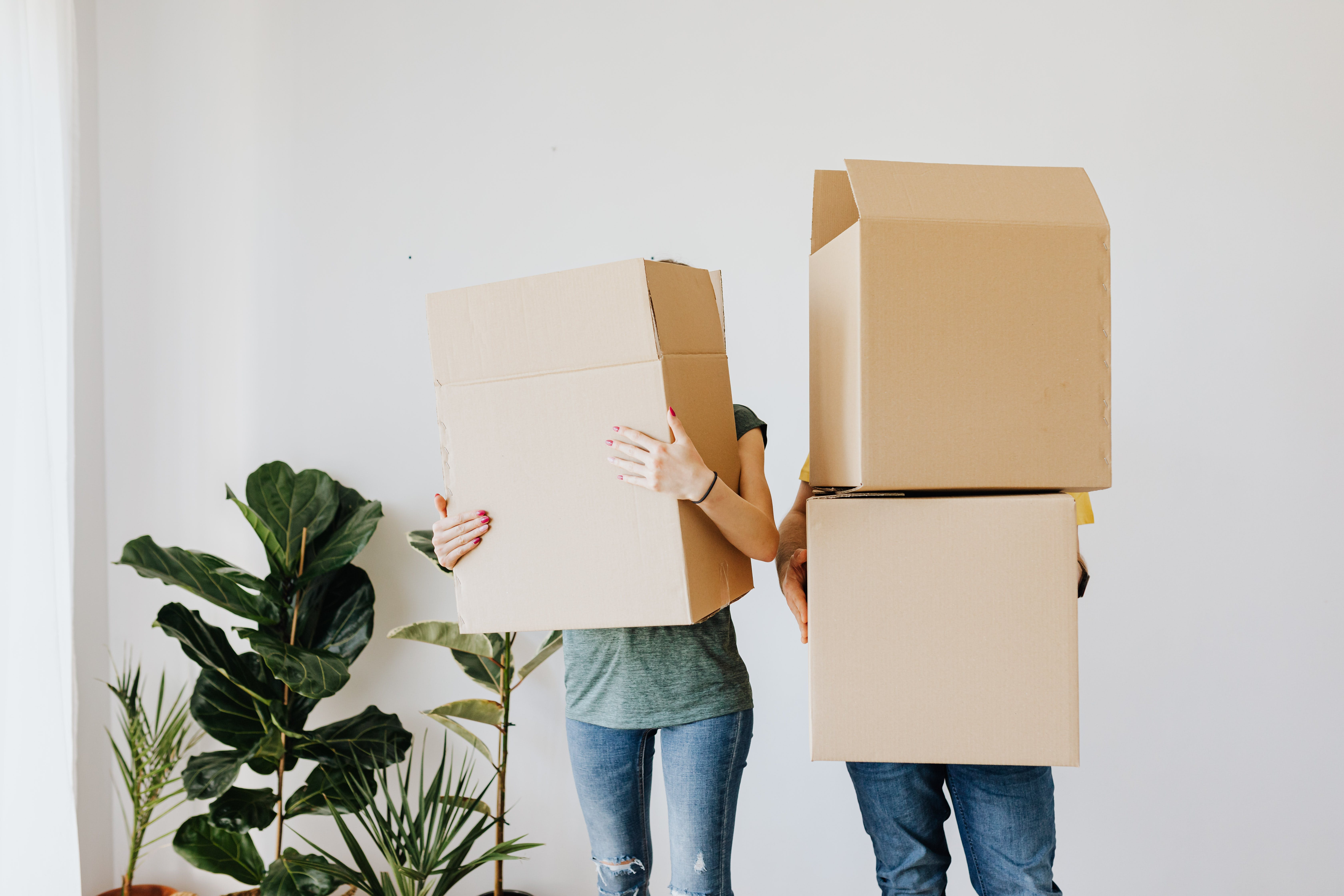 Two people moving boxes