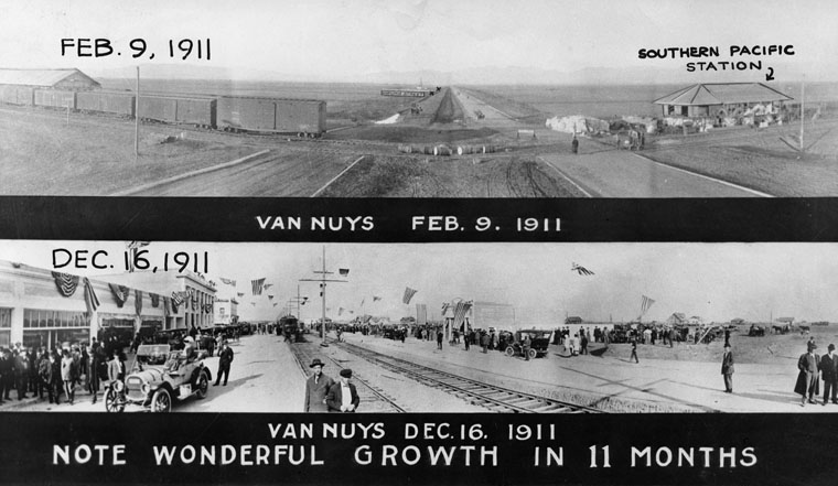 Historic black-and-white comparison image of Van Nuys in February and December 1911, showing rapid growth along railroad tracks with buildings, people and early automobiles.