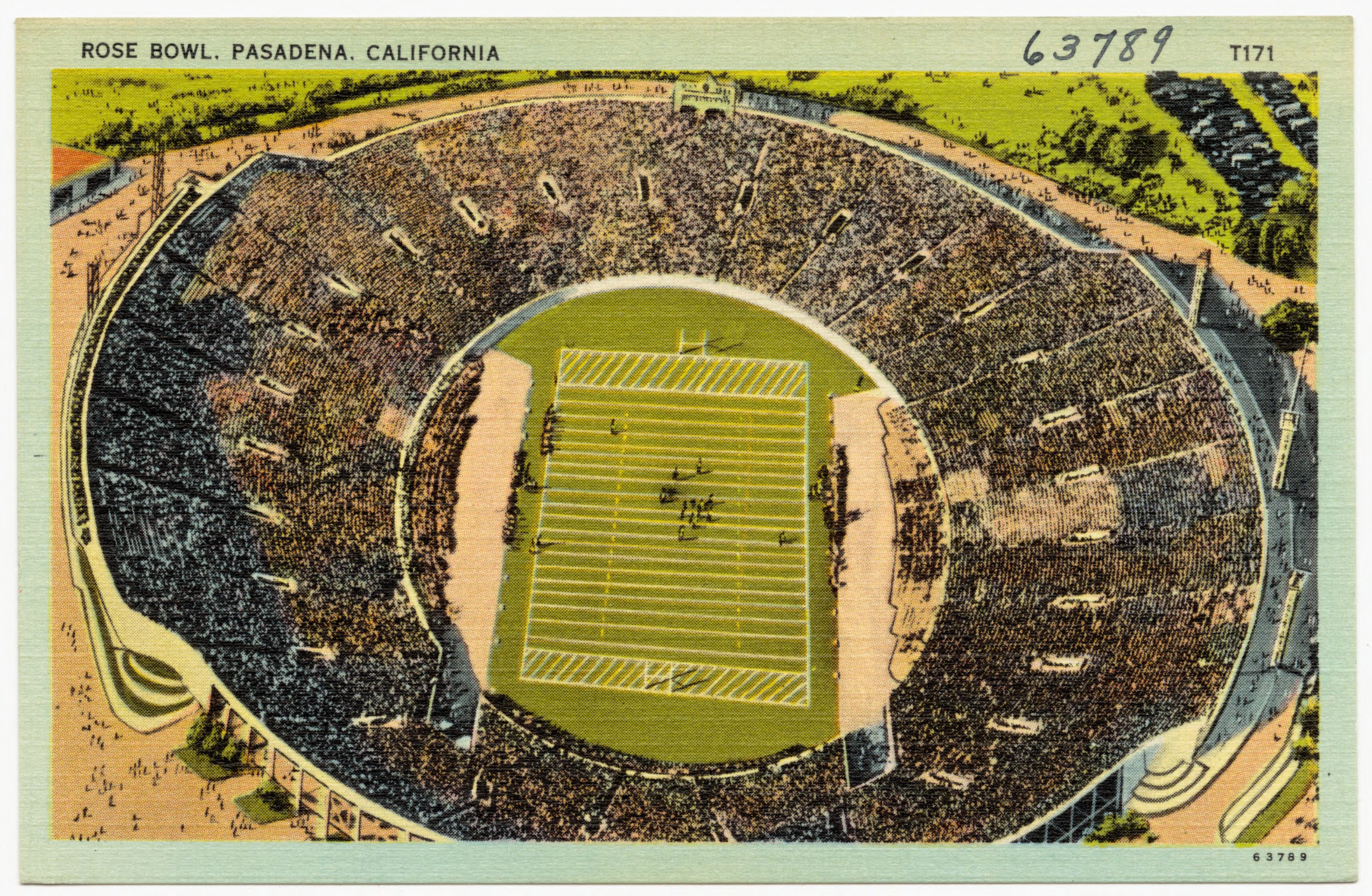 Vintage color postcard of the Rose Bowl Stadium in Pasadena filled with spectators around a football field.