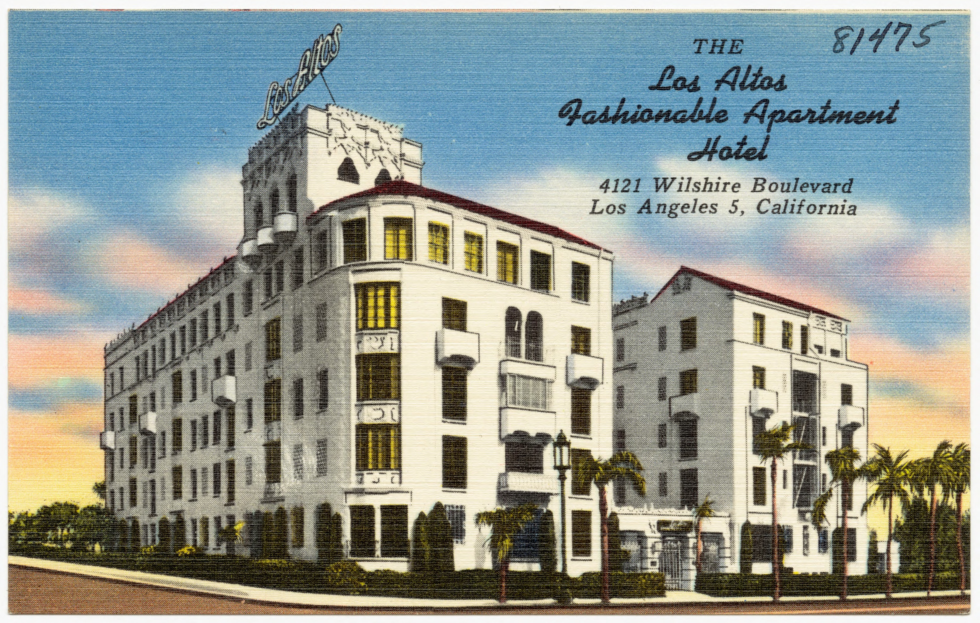 Vintage postcard of the Los Altos fashionable apartment hotel at 4121 Wilshire Boulevard in Los Angeles.