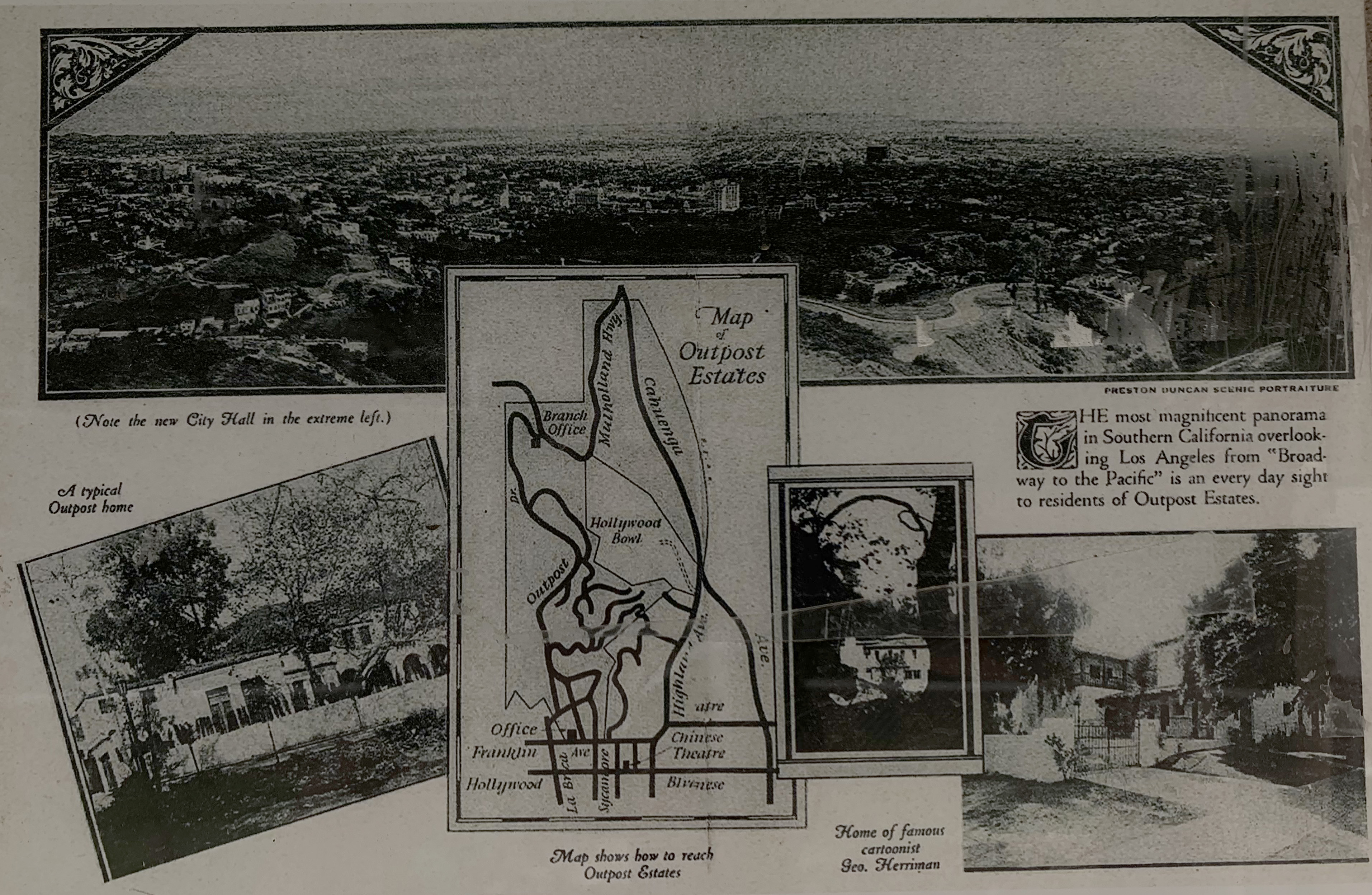Early Outpost Estates marketing sold the neighborhood as a hillside retreat with sweeping views from Hollywood to the Pacific. Historic Outpost Estates brochure showing a map and promotional images of the Hollywood Hills neighborhood.