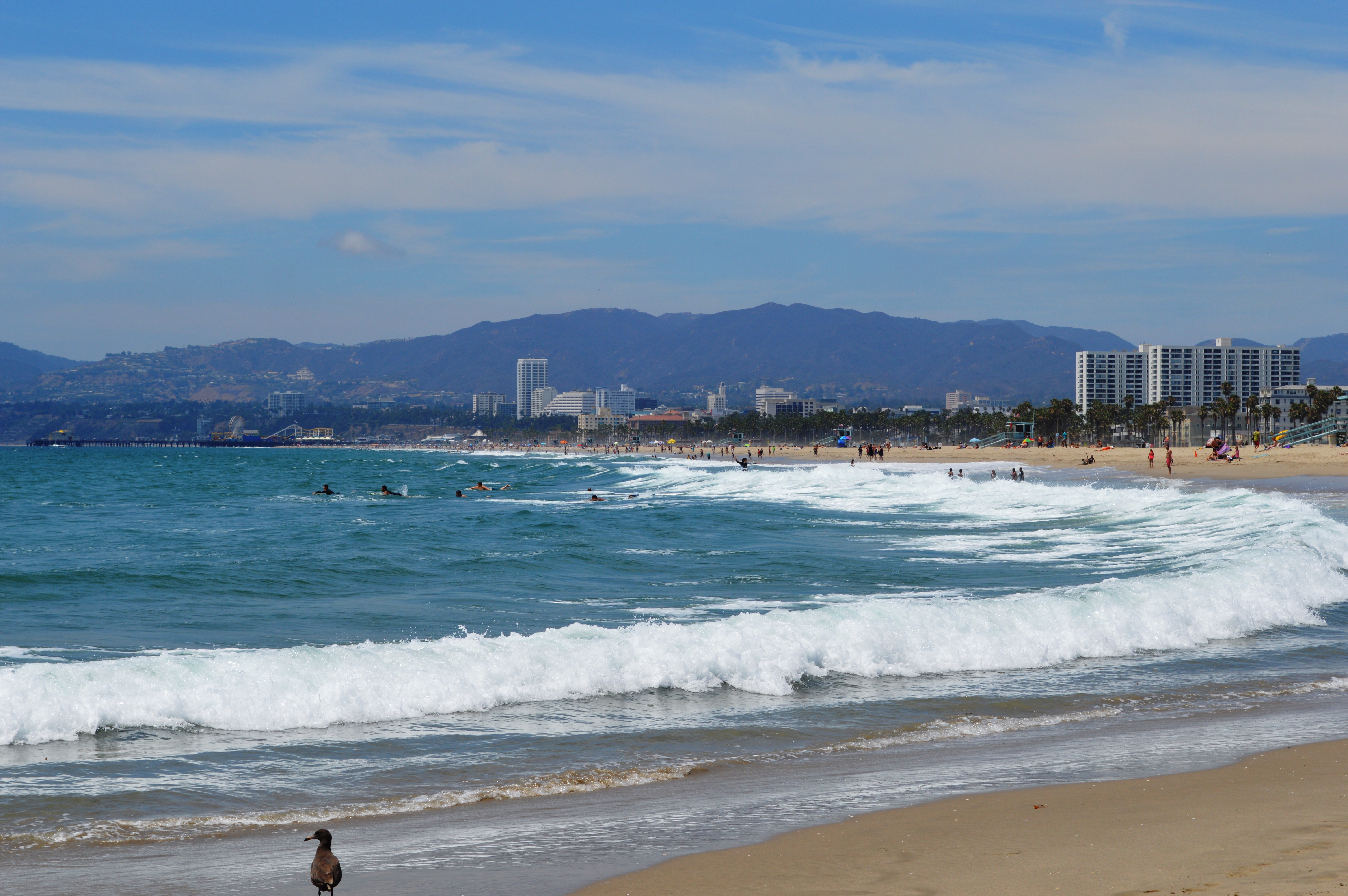 Venice Beach coastline with waves, surfers, beachgoers, Santa Monica Pier, and mountains visible in the distance.