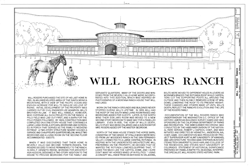 Will Rogers Ranch, one of the most important historic properties in Pacific Palisades. Historic architectural drawing of Will Rogers Ranch in Pacific Palisades, showing the ranch house, horse, landscape and explanatory text.