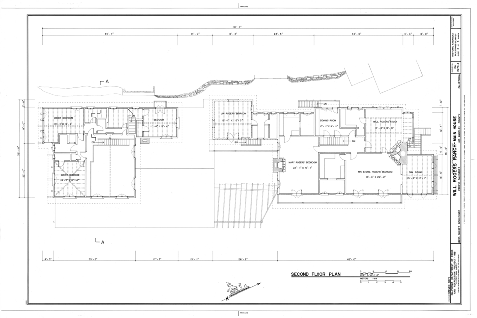 Floor plan of the Will Rogers Ranch main house in Pacific Palisades. Historic architectural floor plan of the second floor of the Will Rogers Ranch main house in Pacific Palisades.